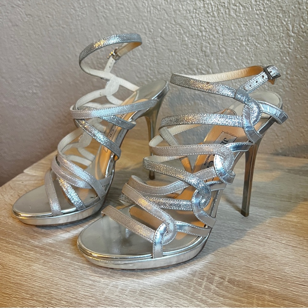 Jimmy Choo Shimmering Silver Strappy Heels
